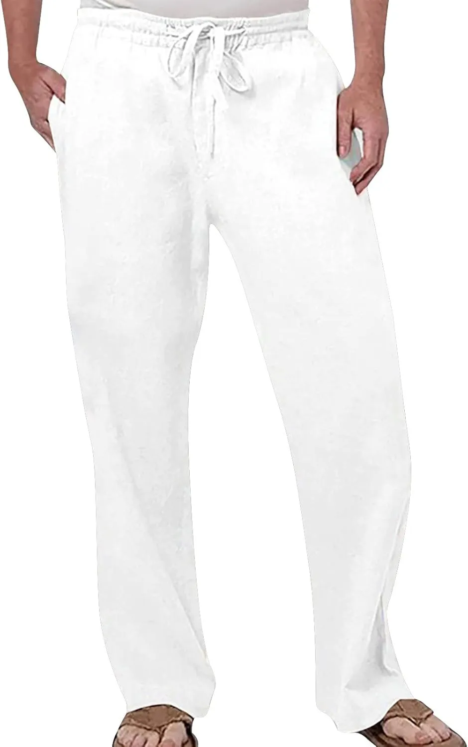 Cotton Linen Pants for Men Drawstring Elastic Waist Athletic Gym Joggers Pants Hiking Hunting Work Trousers