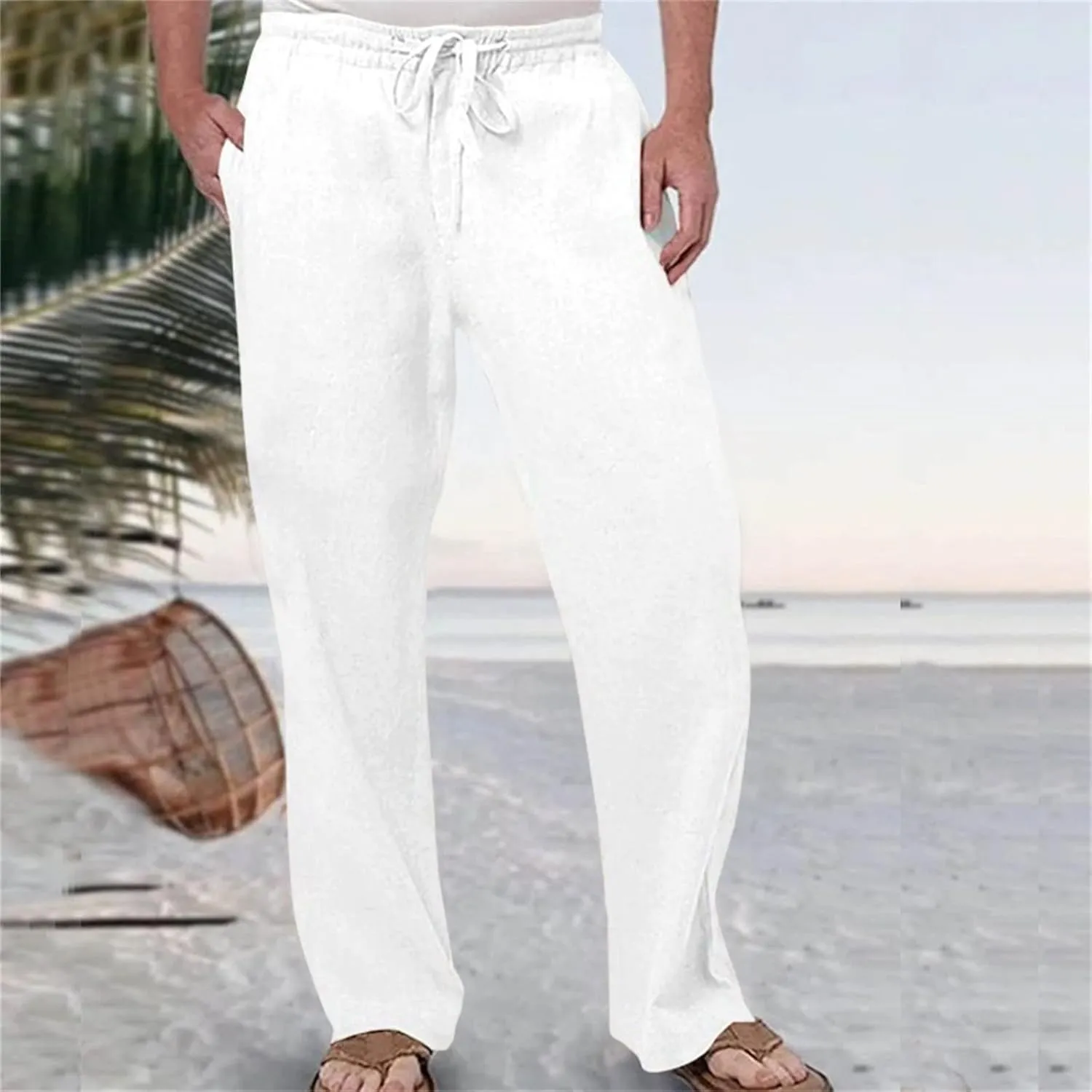 Cotton Linen Pants for Men Drawstring Elastic Waist Athletic Gym Joggers Pants Hiking Hunting Work Trousers