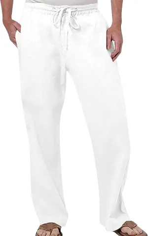 Cotton Linen Pants for Men Drawstring Elastic Waist Athletic Gym Joggers Pants Hiking Hunting Work Trousers