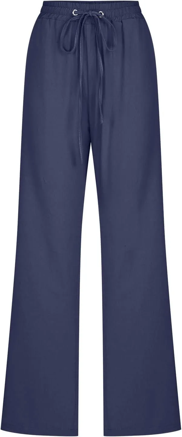 Cotton Linen Pants for Women Printed Capri Pant Wide Leg Plus Size Sweatpants Summer Cropped Elastic Waist Trousers