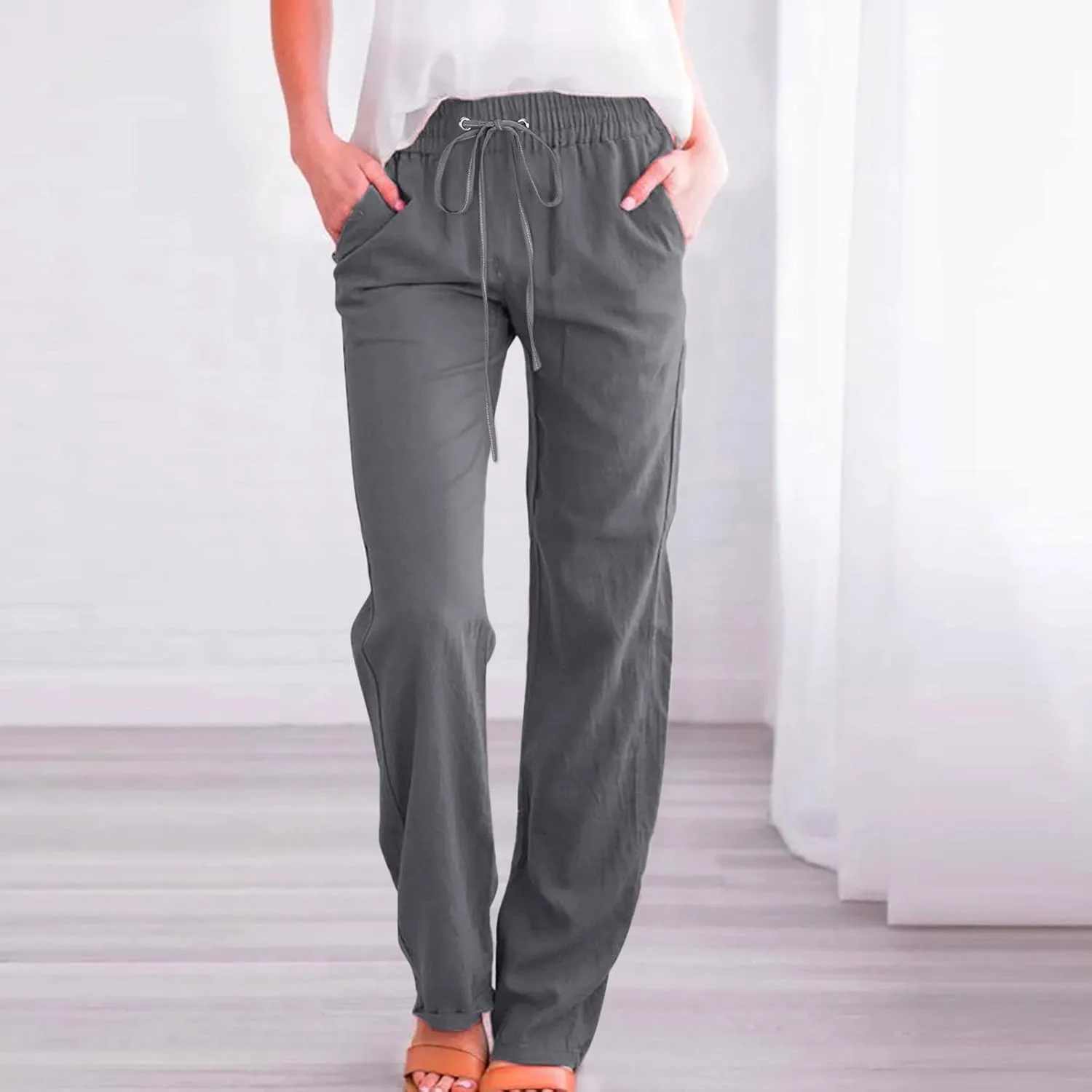 Cotton Linen Pants for Women Printed Capri Pant Wide Leg Plus Size Sweatpants Summer Cropped Elastic Waist Trousers
