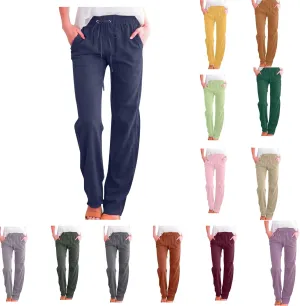 Cotton Linen Pants for Women Printed Capri Pant Wide Leg Plus Size Sweatpants Summer Cropped Elastic Waist Trousers