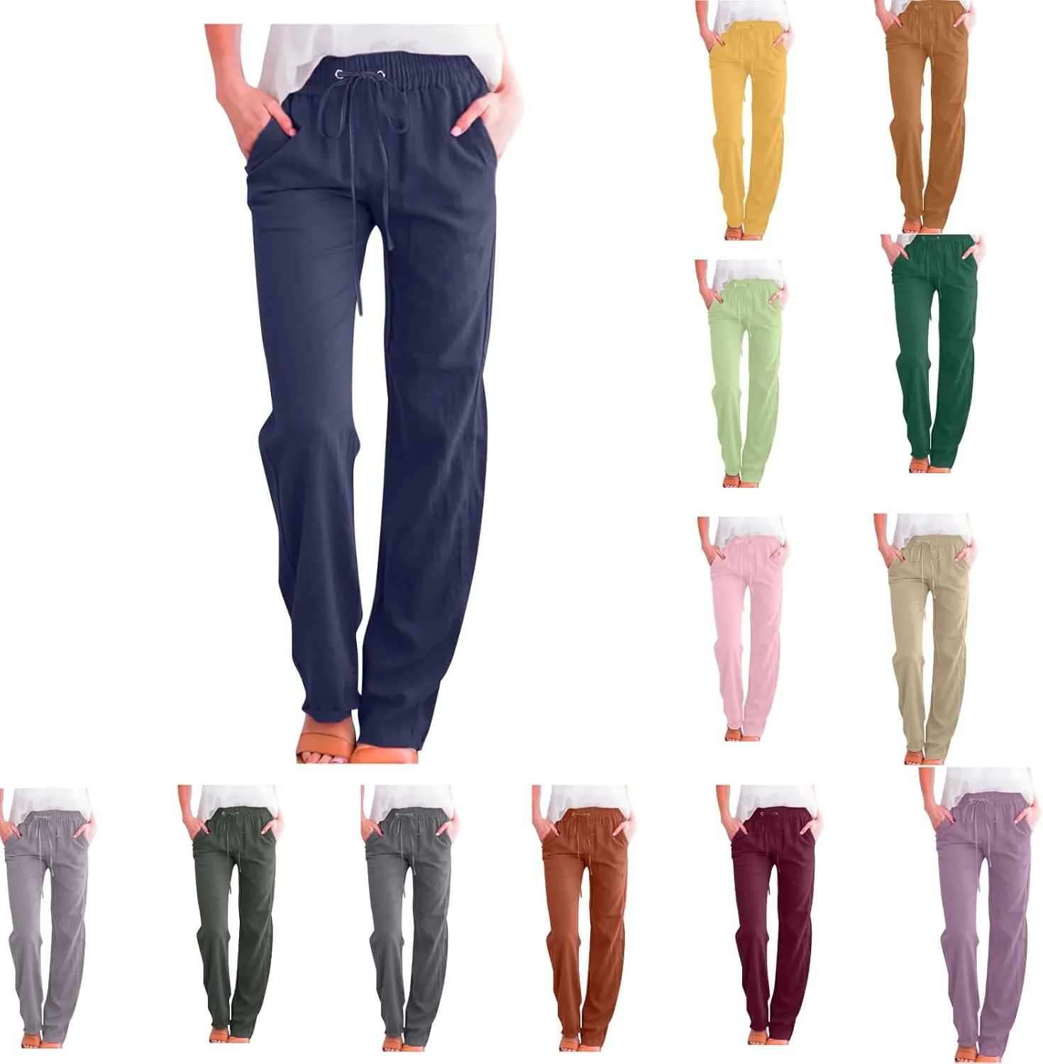 Cotton Linen Pants for Women Printed Capri Pant Wide Leg Plus Size Sweatpants Summer Cropped Elastic Waist Trousers
