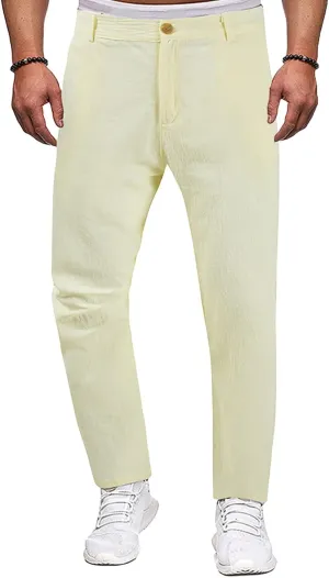 Cotton Linen Pants Men Casual Summer Spring Straight Pleated Pants Fashion Slim Fit Stylish Trousers with Pockets