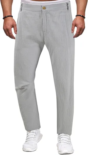 Cotton Linen Pants Men Casual Summer Spring Straight Pleated Pants Fashion Slim Fit Stylish Trousers with Pockets