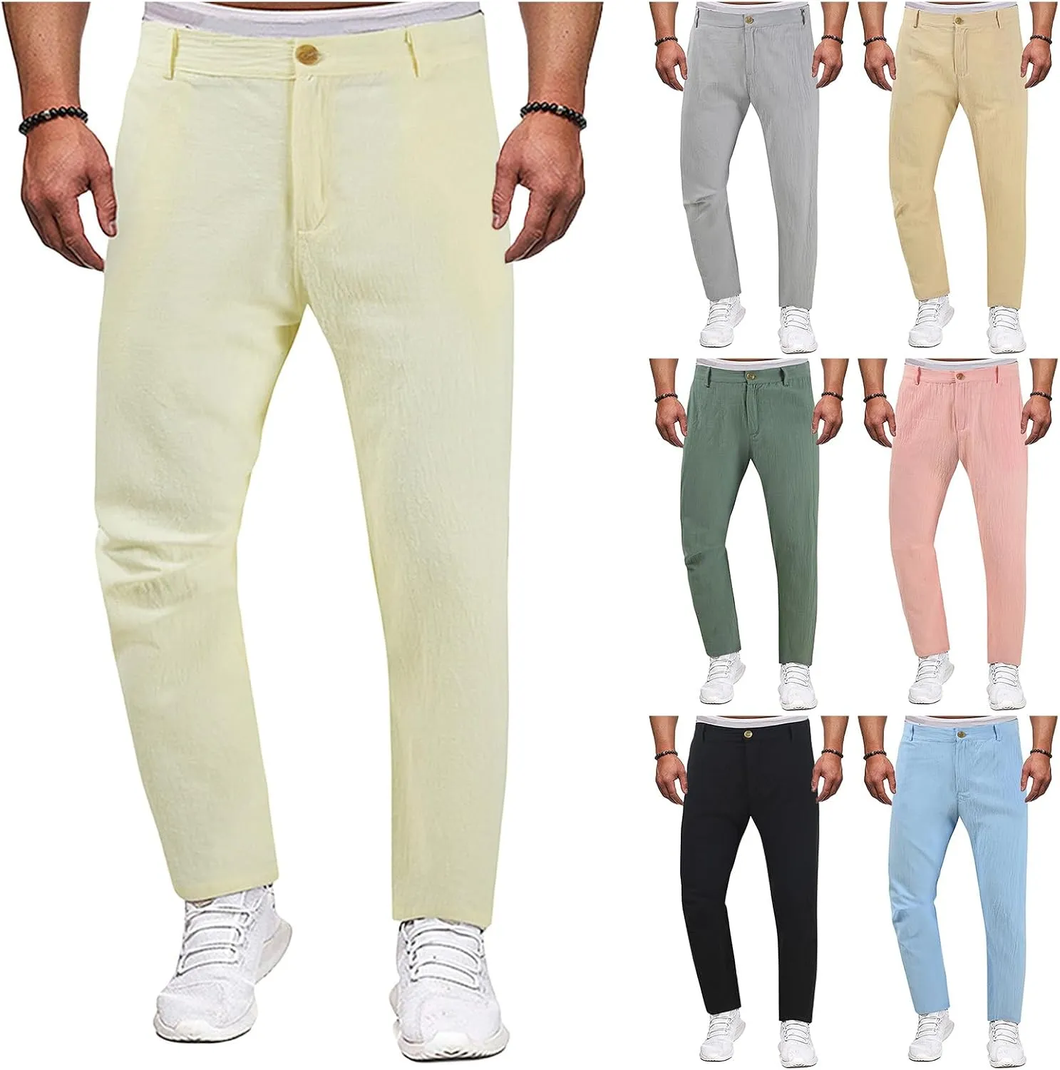 Cotton Linen Pants Men Casual Summer Spring Straight Pleated Pants Fashion Slim Fit Stylish Trousers with Pockets