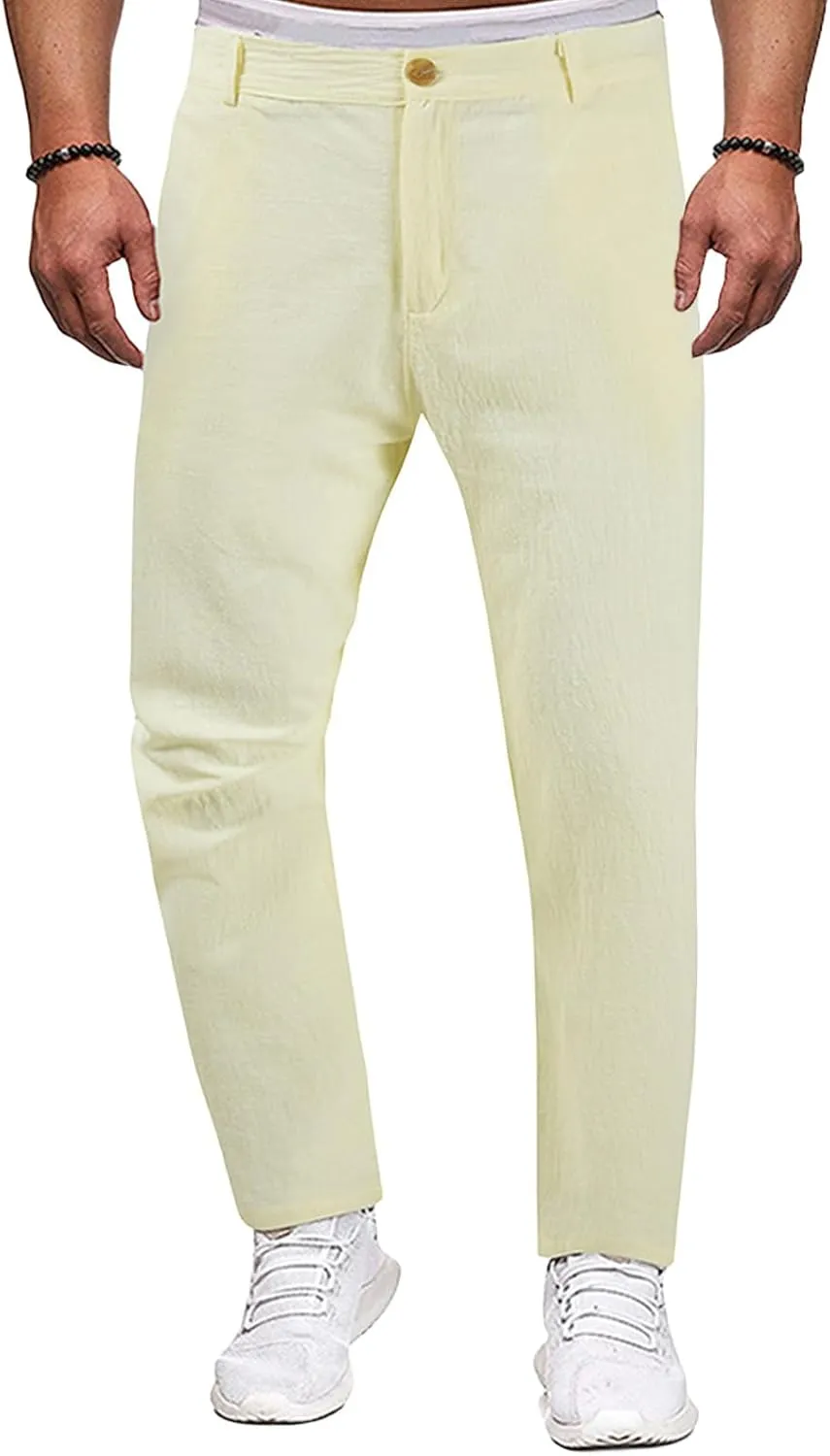 Cotton Linen Pants Men Casual Summer Spring Straight Pleated Pants Fashion Slim Fit Stylish Trousers with Pockets