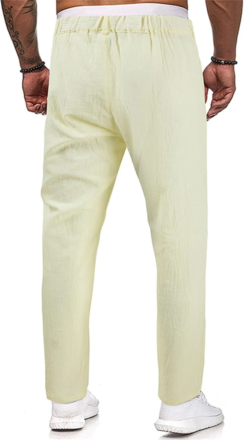 Cotton Linen Pants Men Casual Summer Spring Straight Pleated Pants Fashion Slim Fit Stylish Trousers with Pockets