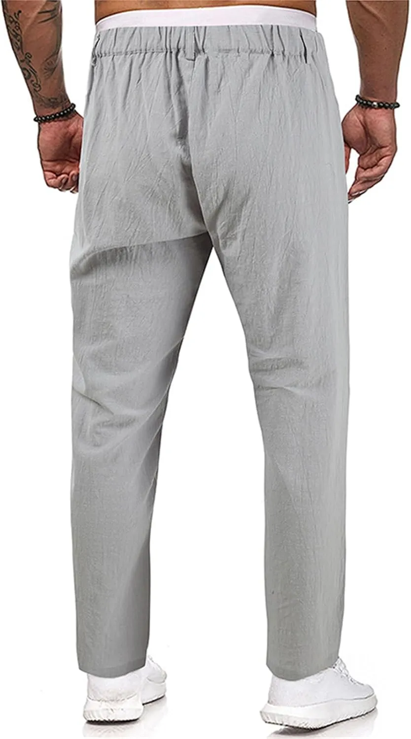 Cotton Linen Pants Men Casual Summer Spring Straight Pleated Pants Fashion Slim Fit Stylish Trousers with Pockets