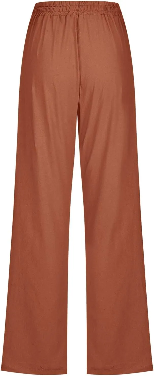 Cotton Linen Pants Women Straight Leg Casual Loose Fit Elastic High Waist Boho Sweatpant Drawstring Palazzo Trouser