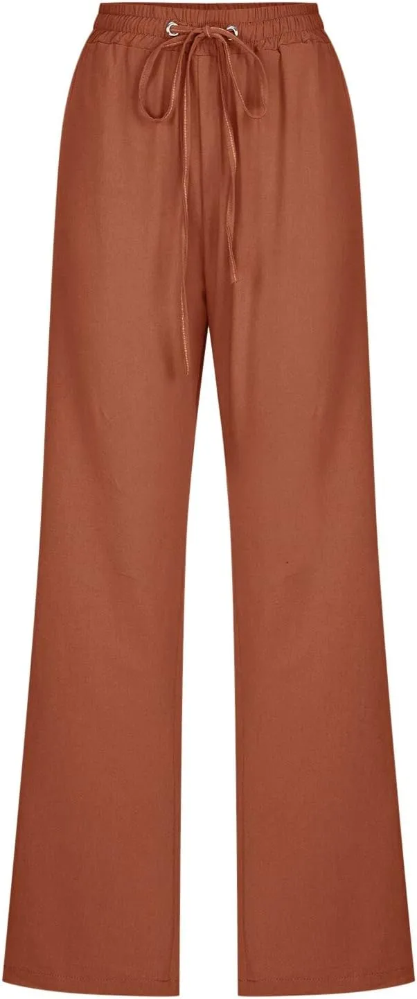 Cotton Linen Pants Women Straight Leg Casual Loose Fit Elastic High Waist Boho Sweatpant Drawstring Palazzo Trouser