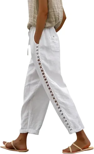 Cotton Linen Trousers for Women Capri Comfy Soft Wide Leg Pants Lightweight Spring Summer 2025 with Side Pockets