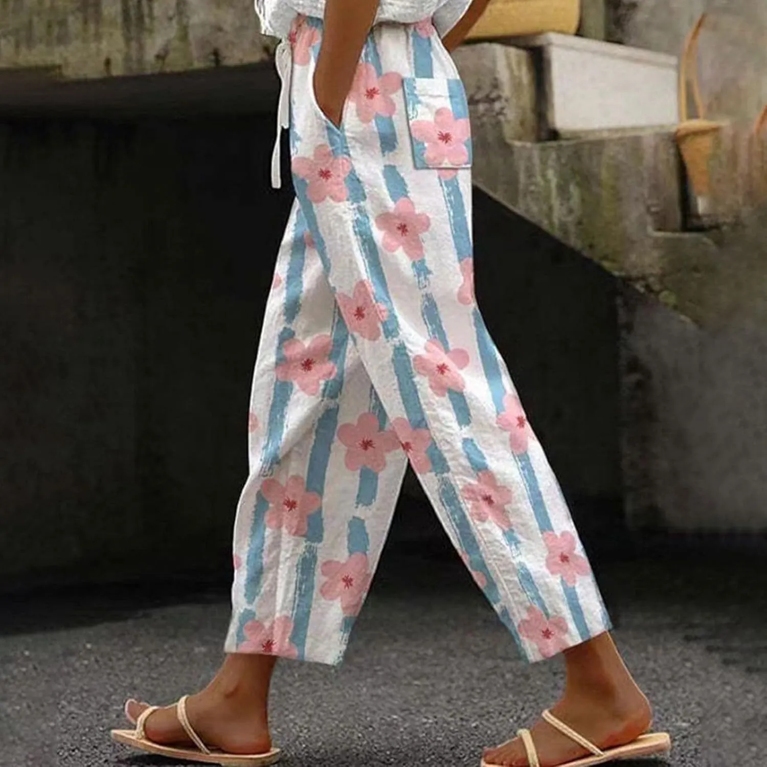 Cotton Linen Trousers for Women Capri Comfy Soft Wide Leg Pants Lightweight Spring Summer 2025 with Side Pockets