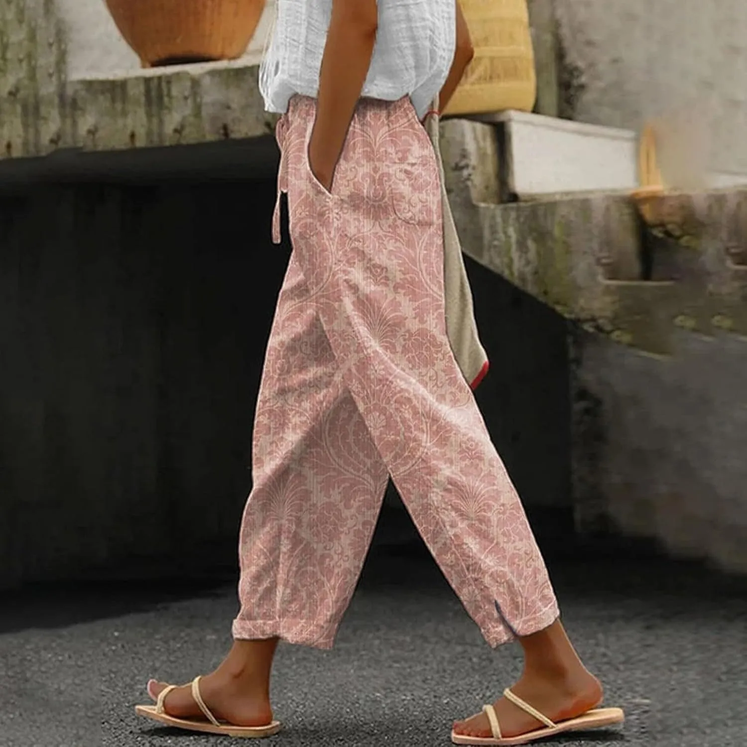 Cotton Linen Trousers for Women Capri Comfy Soft Wide Leg Pants Lightweight Spring Summer 2025 with Side Pockets