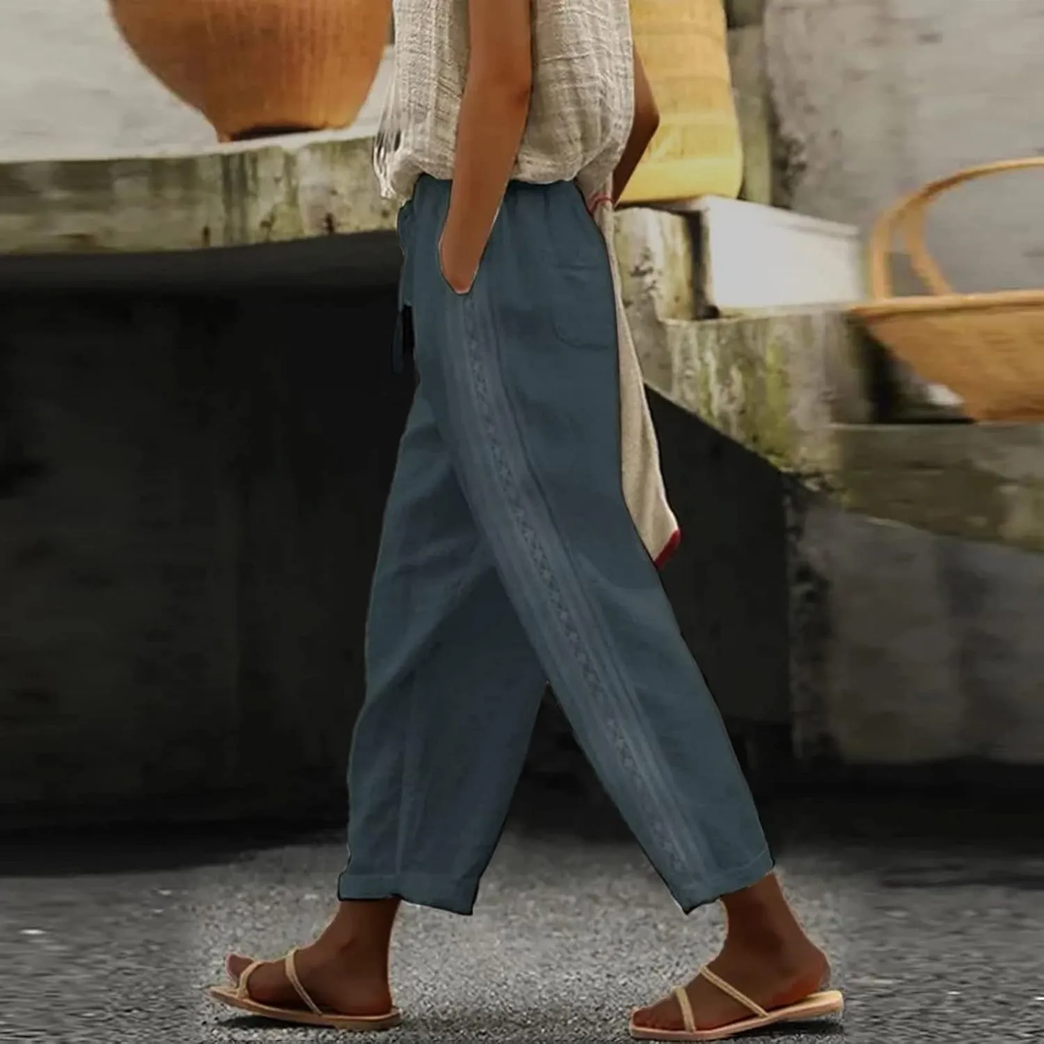 Cotton Linen Trousers for Women Capri Comfy Soft Wide Leg Pants Lightweight Spring Summer 2025 with Side Pockets