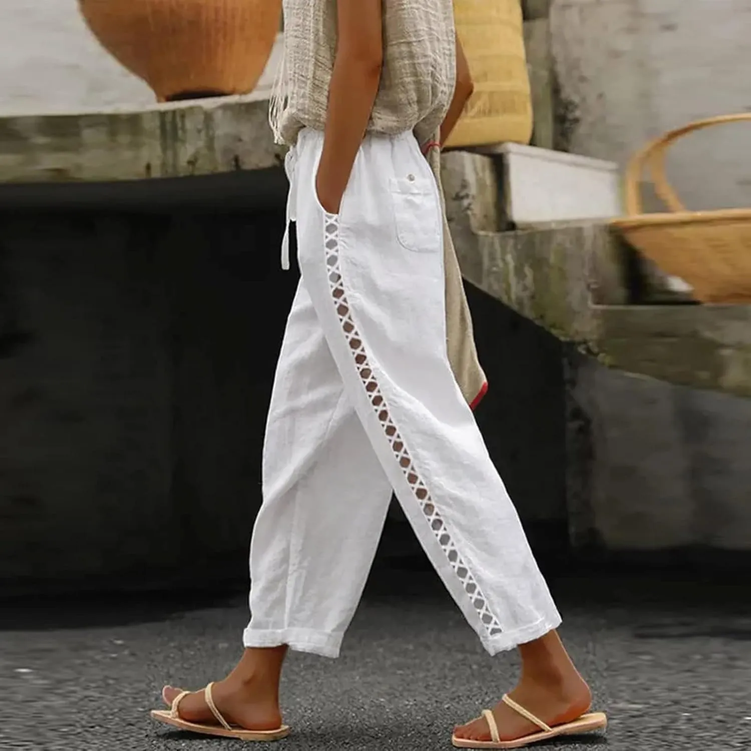 Cotton Linen Trousers for Women Capri Comfy Soft Wide Leg Pants Lightweight Spring Summer 2025 with Side Pockets