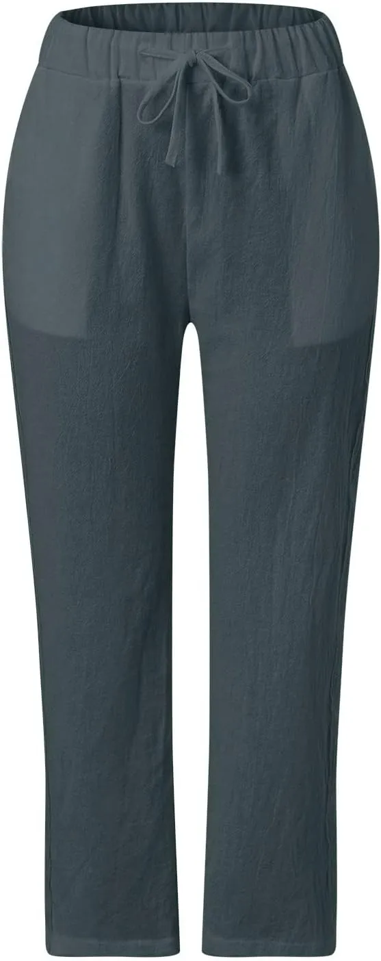 Cotton Linen Trousers for Women Capri Comfy Soft Wide Leg Pants Lightweight Spring Summer 2025 with Side Pockets