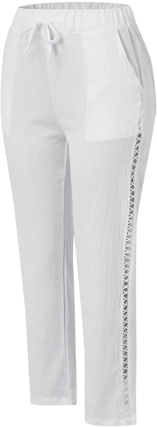 Cotton Linen Trousers for Women Capri Comfy Soft Wide Leg Pants Lightweight Spring Summer 2025 with Side Pockets