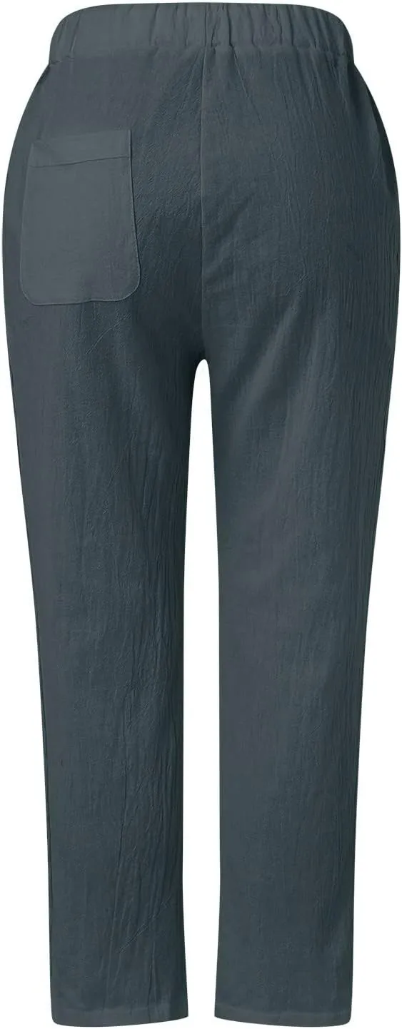 Cotton Linen Trousers for Women Capri Comfy Soft Wide Leg Pants Lightweight Spring Summer 2025 with Side Pockets