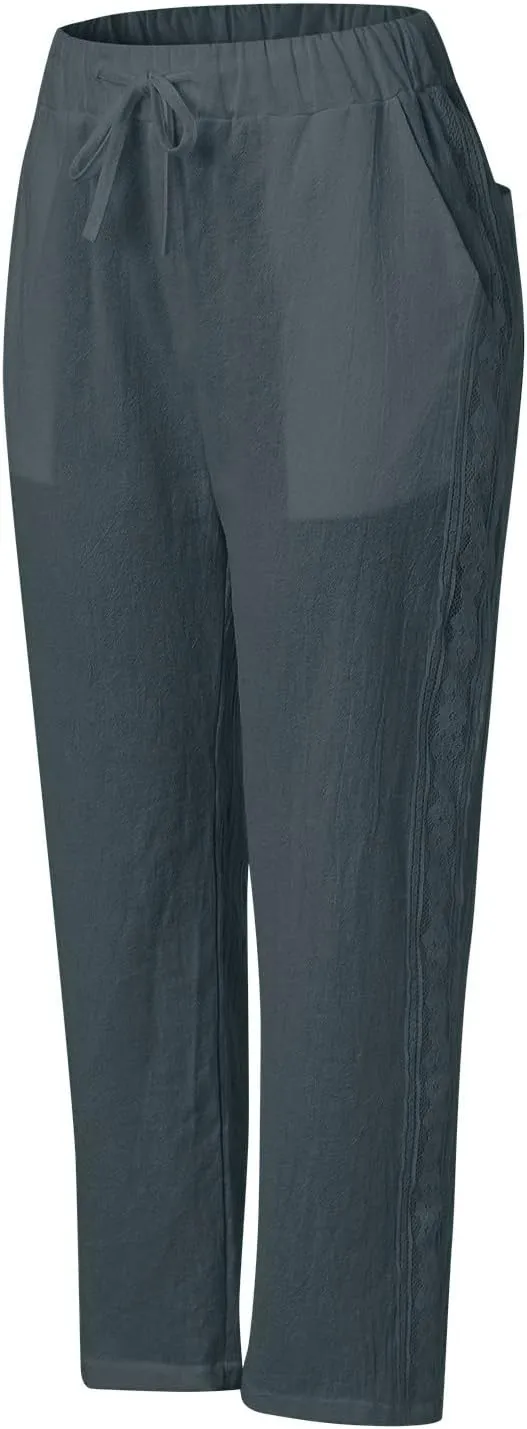 Cotton Linen Trousers for Women Capri Comfy Soft Wide Leg Pants Lightweight Spring Summer 2025 with Side Pockets
