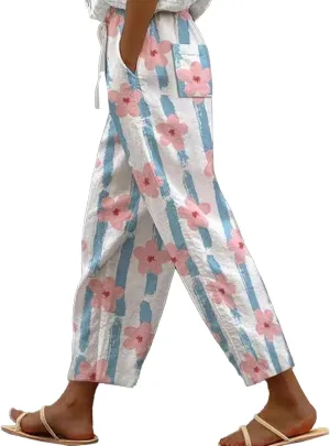 Cotton Linen Trousers for Women Capri Comfy Soft Wide Leg Pants Lightweight Spring Summer 2025 with Side Pockets
