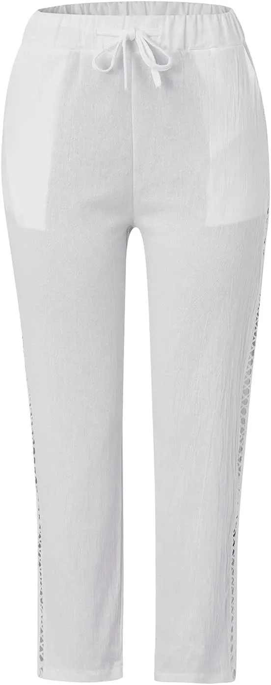 Cotton Linen Trousers for Women Capri Comfy Soft Wide Leg Pants Lightweight Spring Summer 2025 with Side Pockets