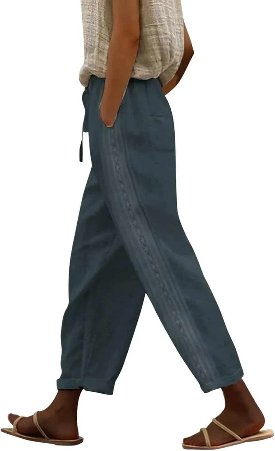 Cotton Linen Trousers for Women Capri Comfy Soft Wide Leg Pants Lightweight Spring Summer 2025 with Side Pockets
