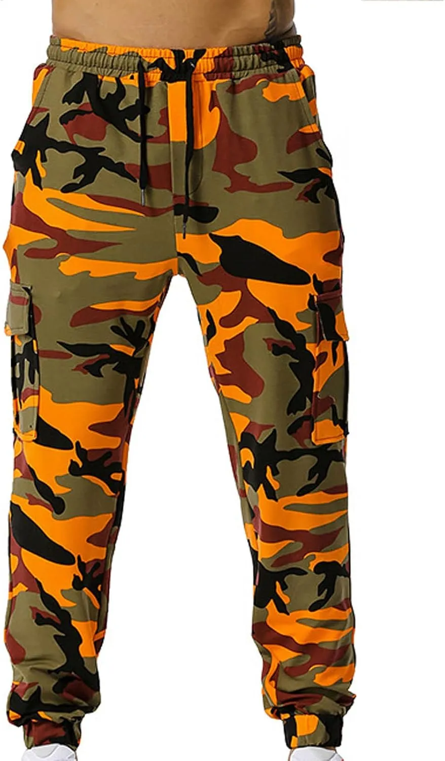 Cotton Men's Camo Jogger Pants Elastic Waist Drawstring Slim Fit Cargo Pockets Breathable Casual Outdoor Workout