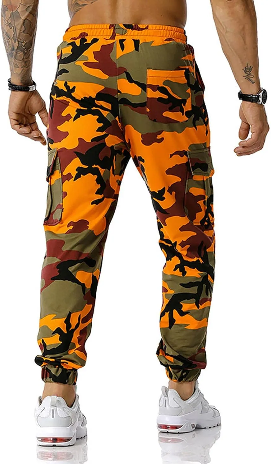 Cotton Men's Camo Jogger Pants Elastic Waist Drawstring Slim Fit Cargo Pockets Breathable Casual Outdoor Workout
