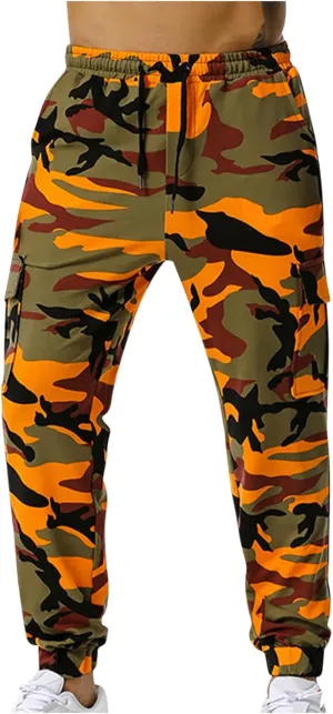 Cotton Men's Camo Jogger Pants Elastic Waist Drawstring Slim Fit Cargo Pockets Breathable Casual Outdoor Workout