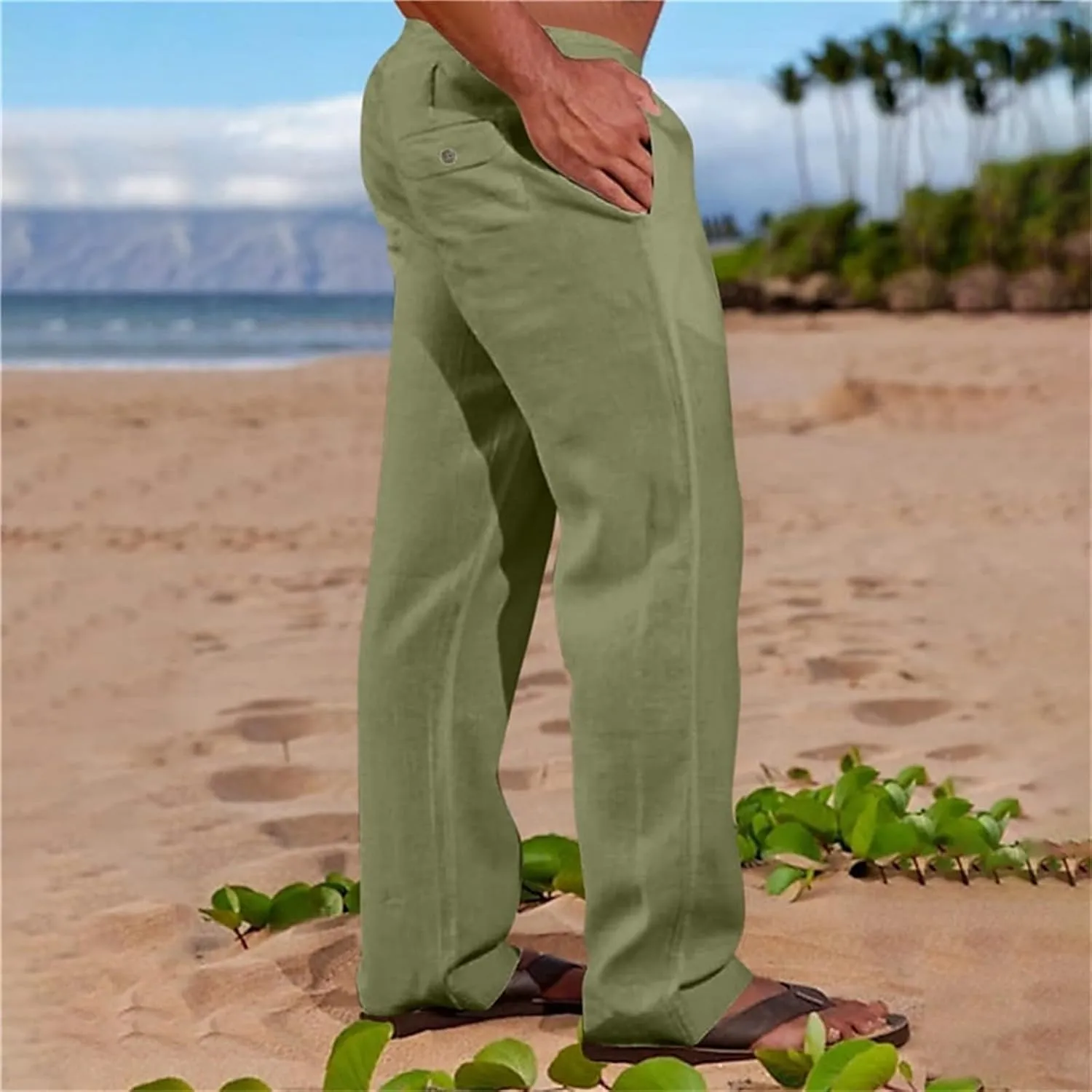 CRNTCEM Mens Casual Cotton Linen Pants Soft Comfy Outdoor Hiking Camping Pant Lightweight Solid Vacation Yoga Beach Pants