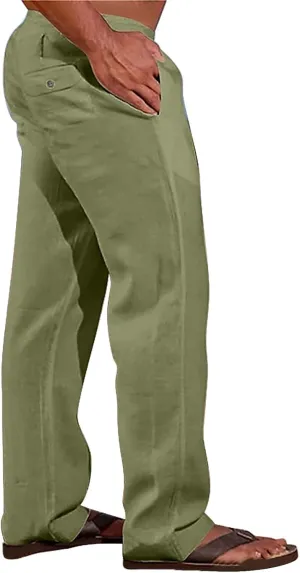 CRNTCEM Mens Casual Cotton Linen Pants Soft Comfy Outdoor Hiking Camping Pant Lightweight Solid Vacation Yoga Beach Pants