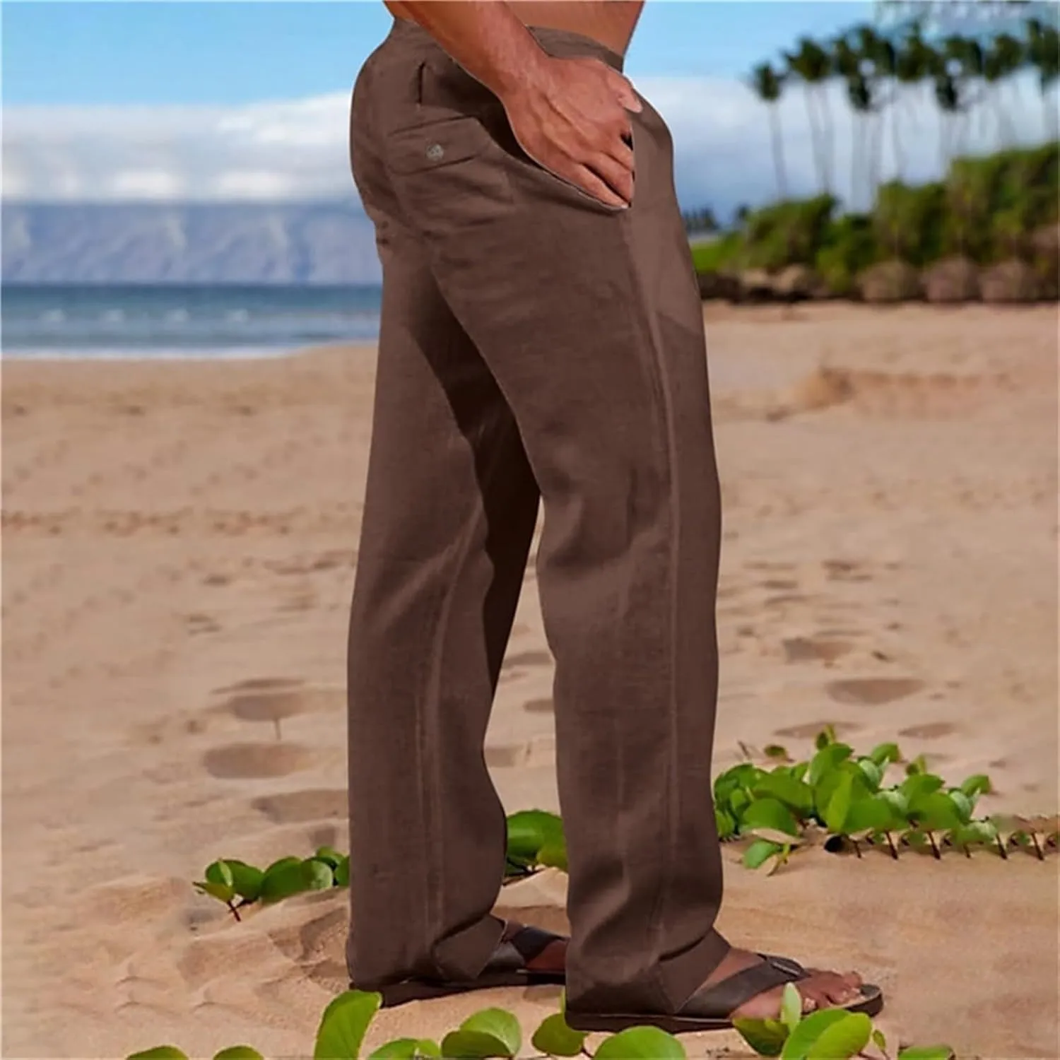 CRNTCEM Mens Casual Cotton Linen Pants Soft Comfy Outdoor Hiking Camping Pant Lightweight Solid Vacation Yoga Beach Pants