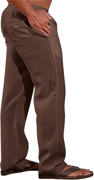 CRNTCEM Mens Casual Cotton Linen Pants Soft Comfy Outdoor Hiking Camping Pant Lightweight Solid Vacation Yoga Beach Pants