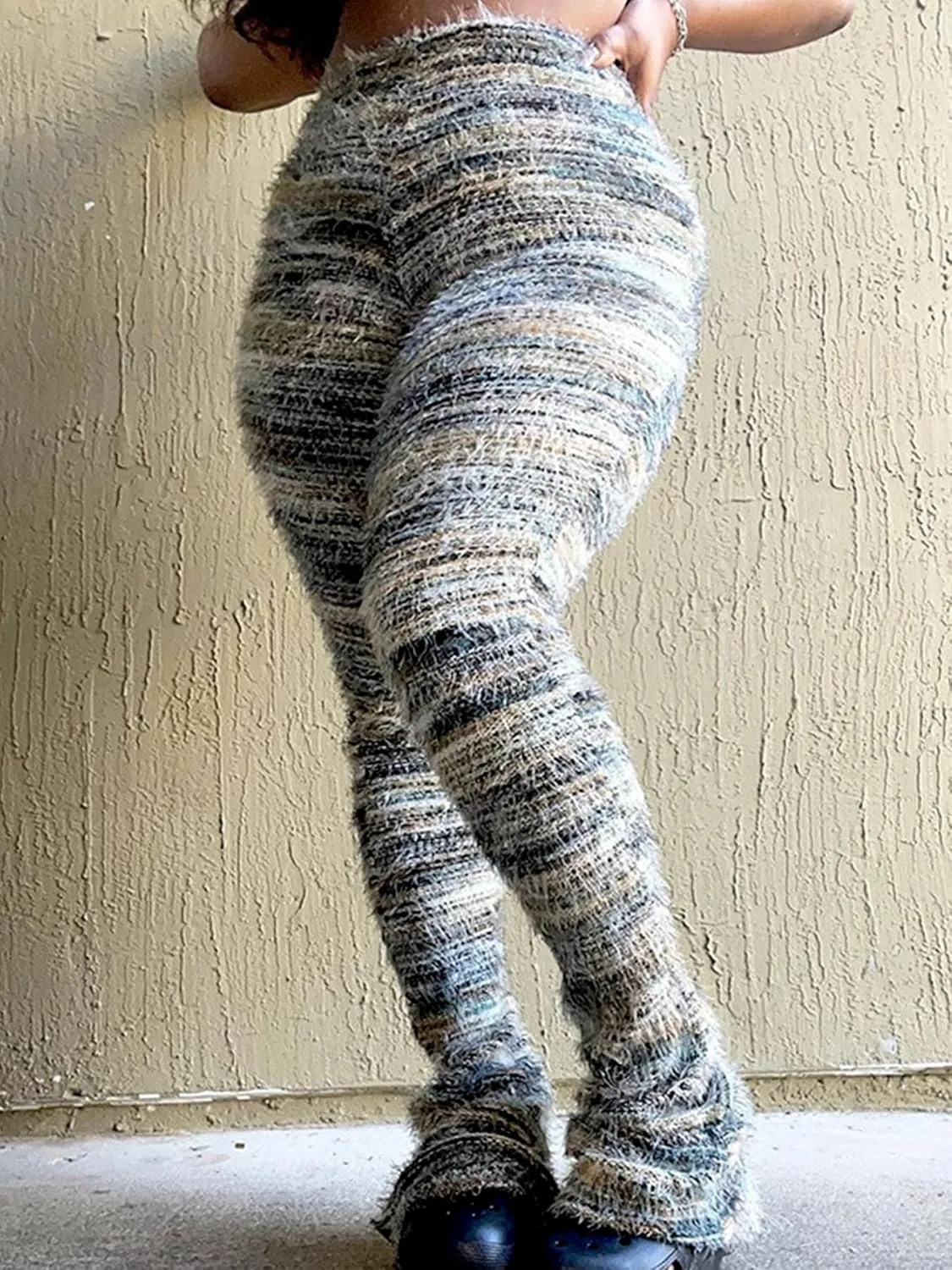 cu4eve Fuzzy Pants for Women Comfy High Waist Plush Fluffy Blanket Fringe Knit Cozy Stacked Joggers Flare Legging Sweatpants
