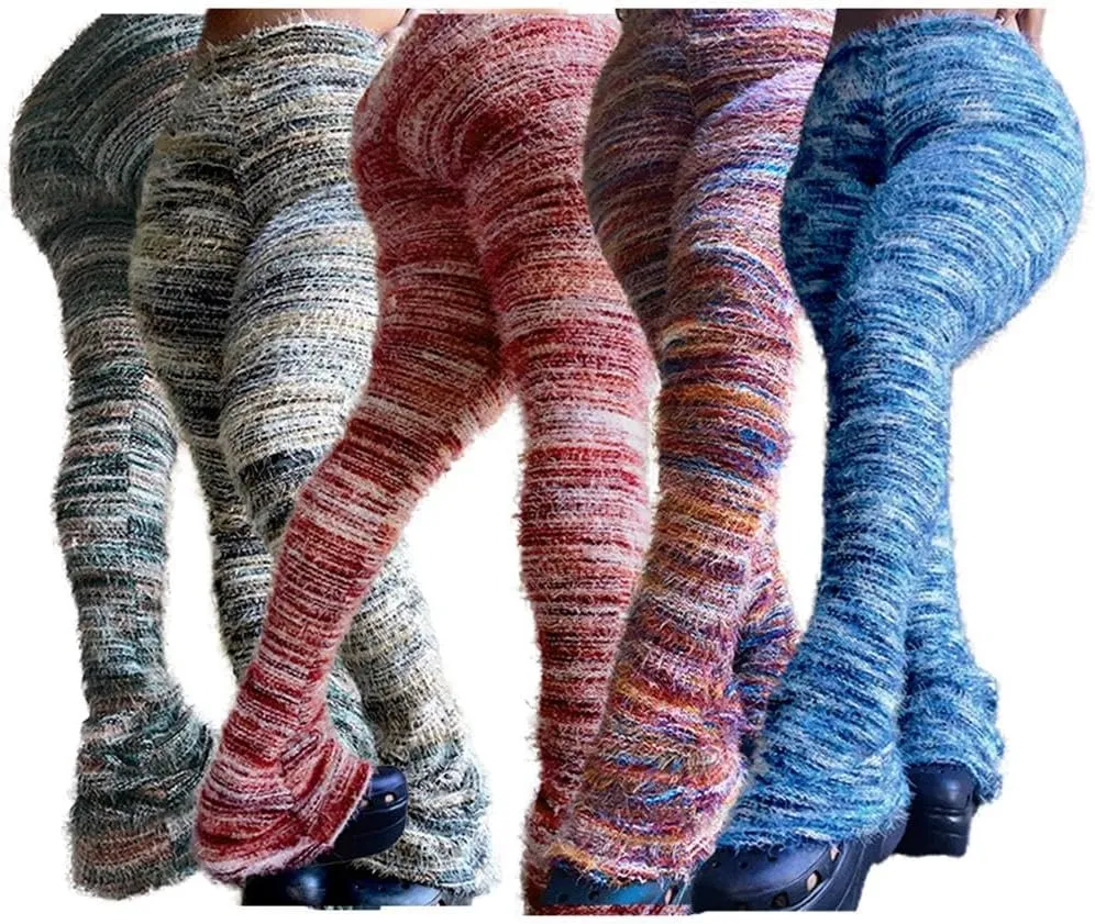 cu4eve Fuzzy Pants for Women Comfy High Waist Plush Fluffy Blanket Fringe Knit Cozy Stacked Joggers Flare Legging Sweatpants