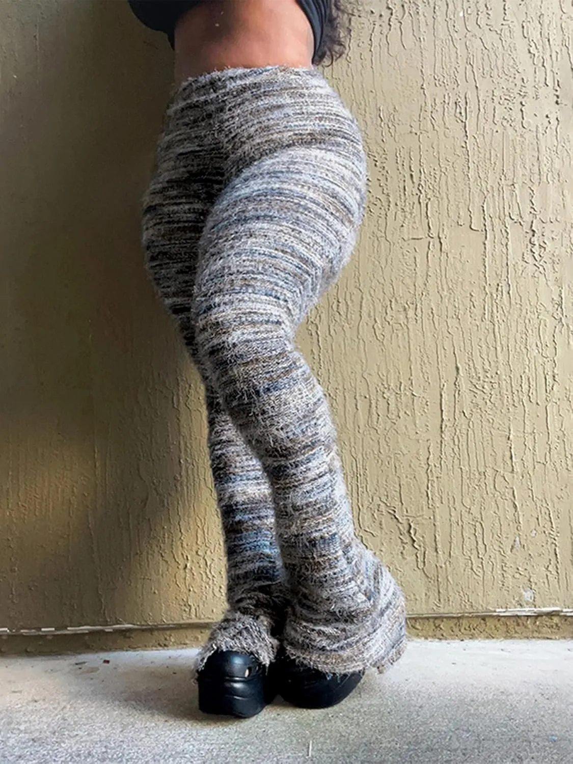 cu4eve Fuzzy Pants for Women Comfy High Waist Plush Fluffy Blanket Fringe Knit Cozy Stacked Joggers Flare Legging Sweatpants