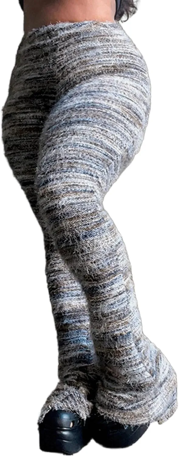 cu4eve Fuzzy Pants for Women Comfy High Waist Plush Fluffy Blanket Fringe Knit Cozy Stacked Joggers Flare Legging Sweatpants