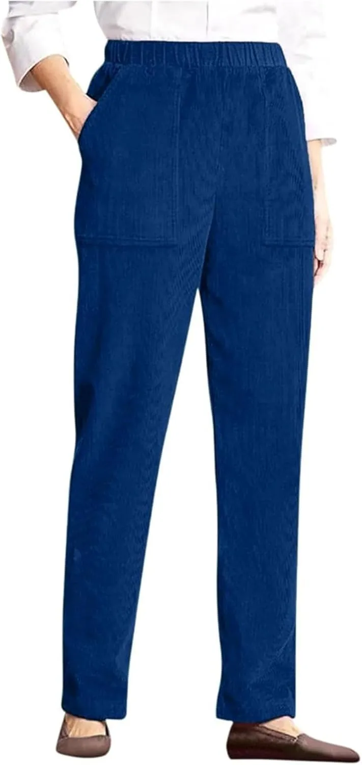 Dark Blue M Corduroy Pants for Women Elastic High Waist Pull On Straight Leg Slacks Casual Comfy Fall Winter Trousers with Pockets