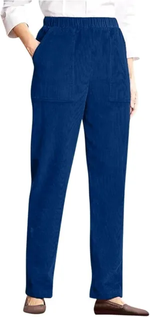 Dark Blue M Corduroy Pants for Women Elastic High Waist Pull On Straight Leg Slacks Casual Comfy Fall Winter Trousers with Pockets