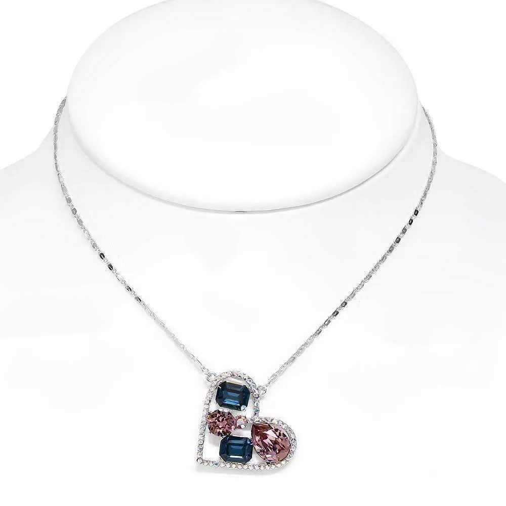 Dazzling Shades of Blue Multi-Stone IOBI Crystals Heart Pendant Necklace