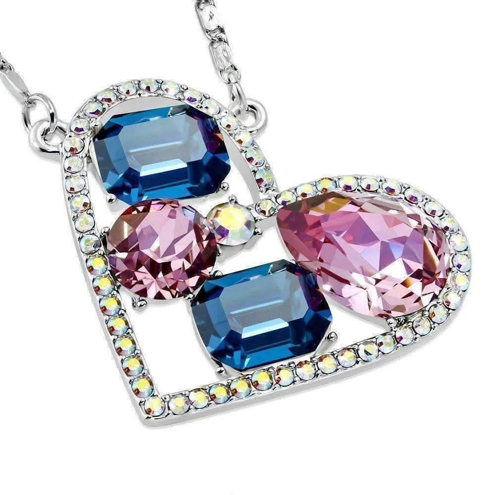 Dazzling Shades of Blue Multi-Stone IOBI Crystals Heart Pendant Necklace