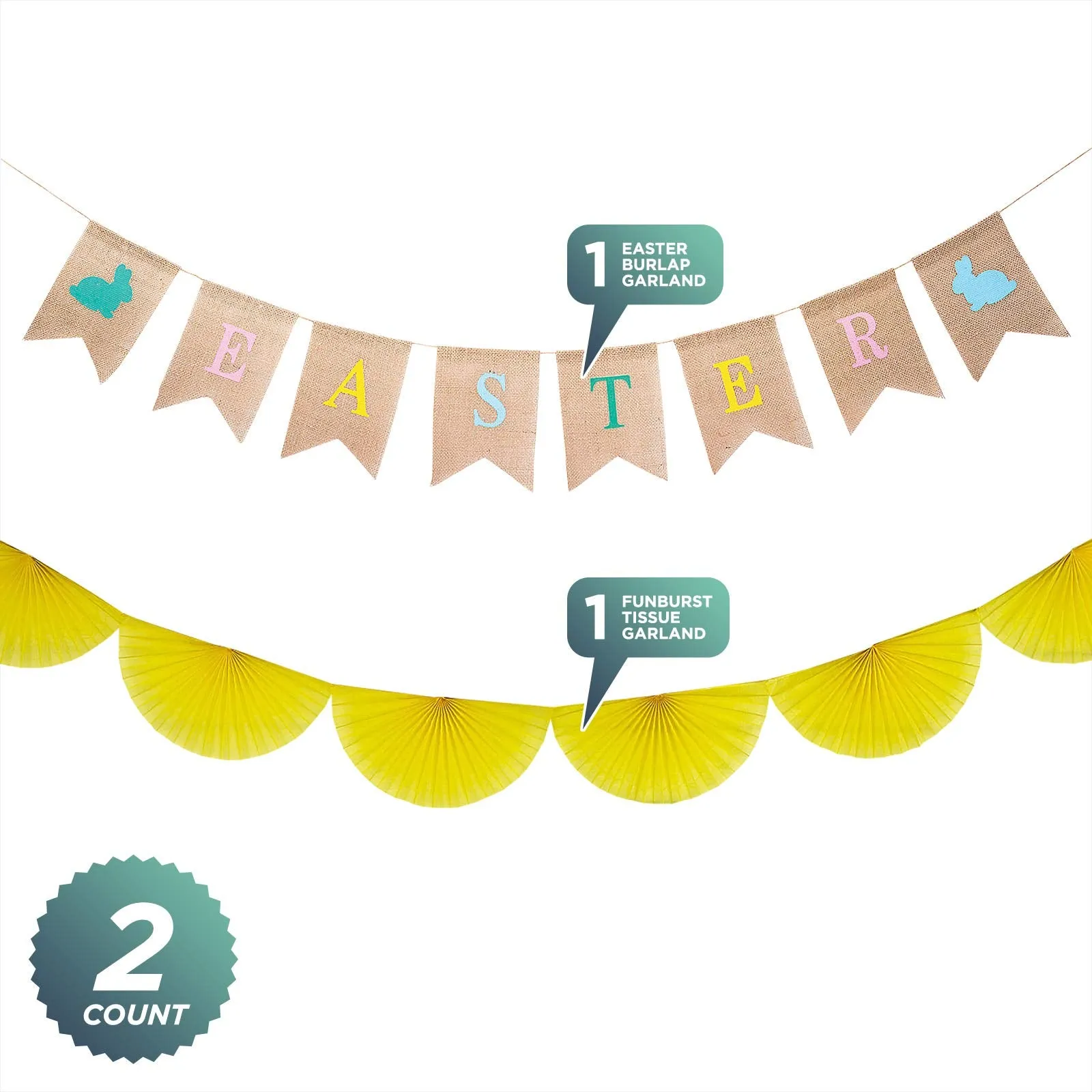 Decorative Burlap Easter Garland and Semi Sunburst Hanging Tissue Garland Set