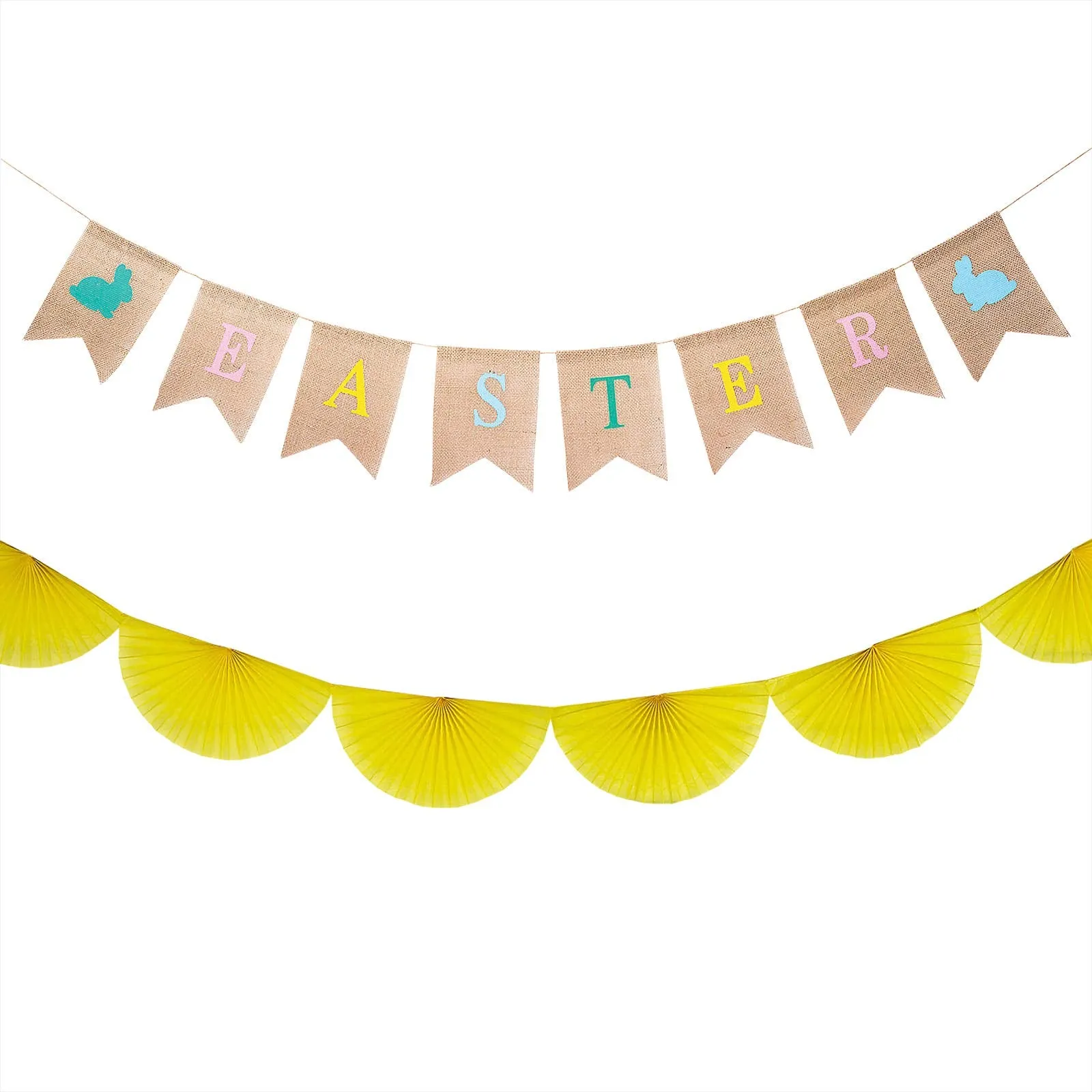 Decorative Burlap Easter Garland and Semi Sunburst Hanging Tissue Garland Set
