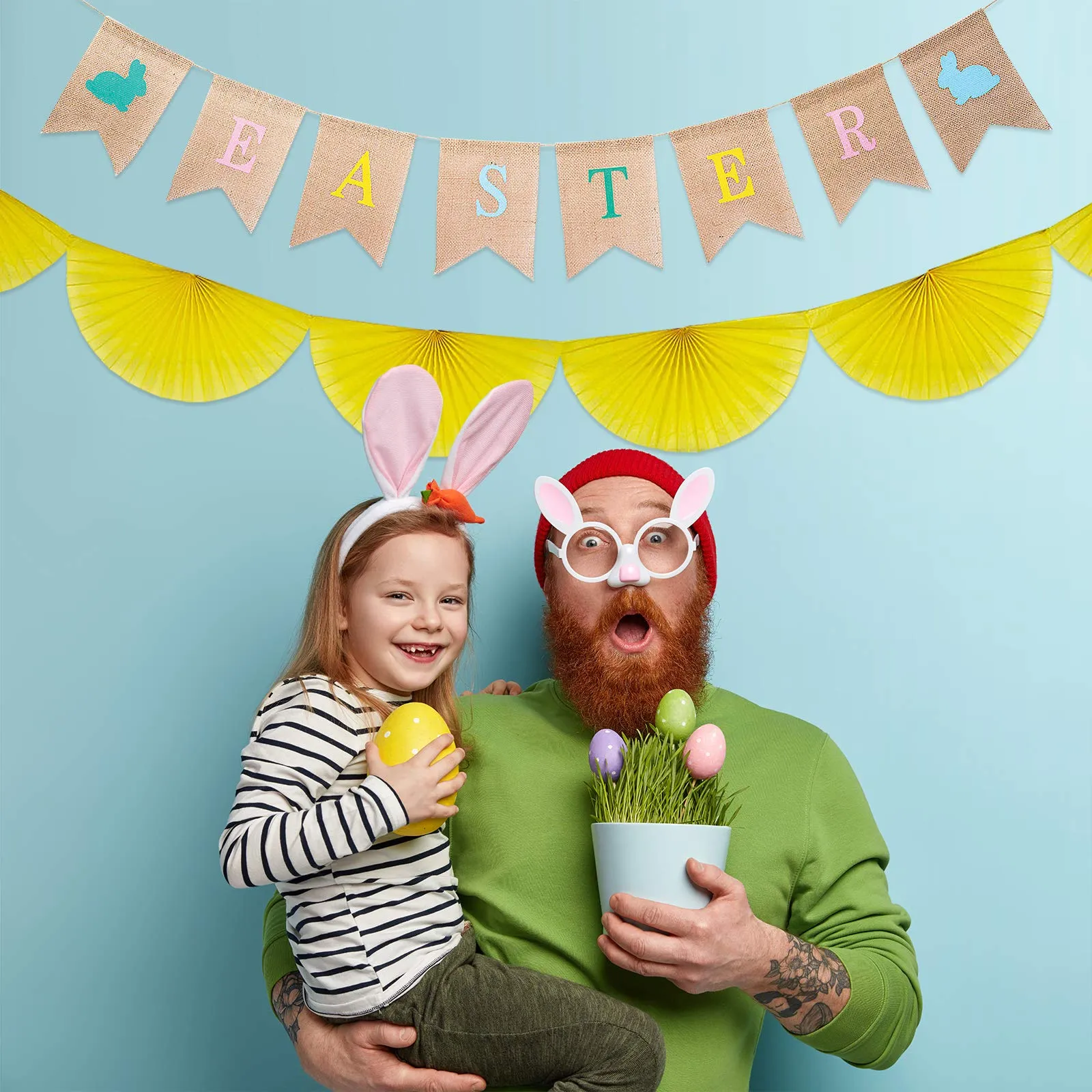 Decorative Burlap Easter Garland and Semi Sunburst Hanging Tissue Garland Set