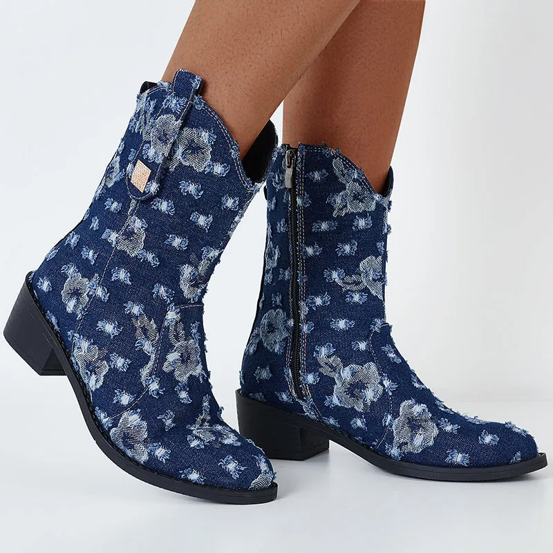 Denim Round Toe Chunky Heel Ankle Boots Western Cowboy Booties