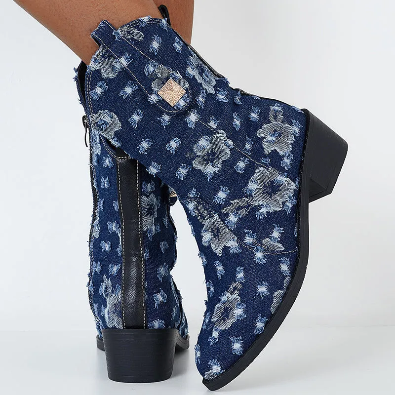 Denim Round Toe Chunky Heel Ankle Boots Western Cowboy Booties