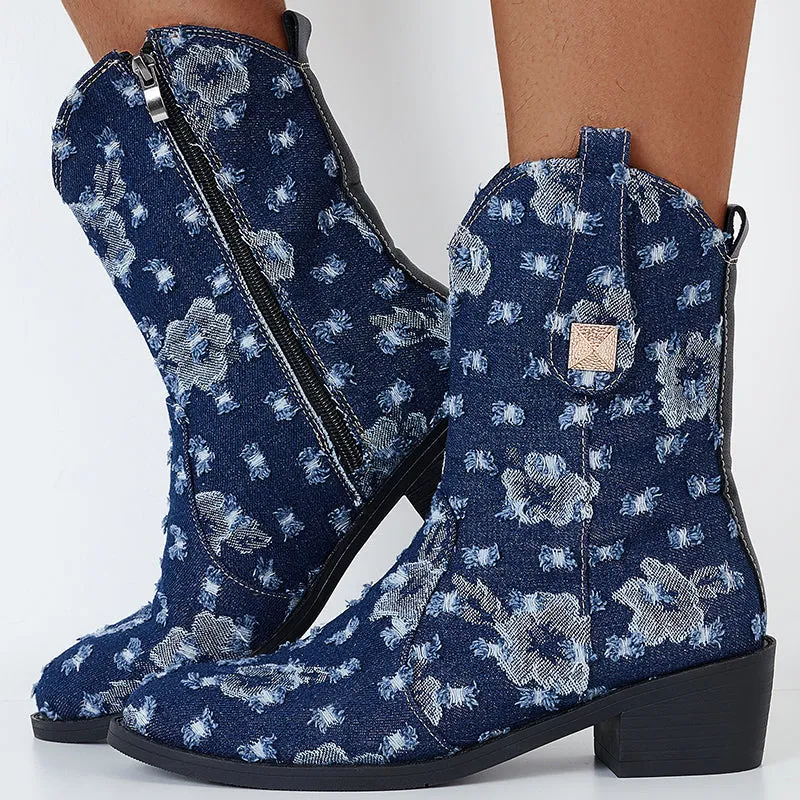 Denim Round Toe Chunky Heel Ankle Boots Western Cowboy Booties