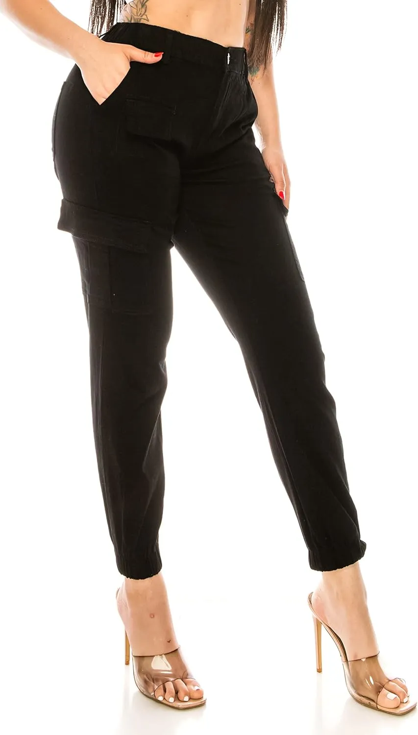 Double Denim January 5th Women's High Waist Cargo Jogger Pants Elastic Waistband Casual Tapered Sweatpants with 6 Pockets