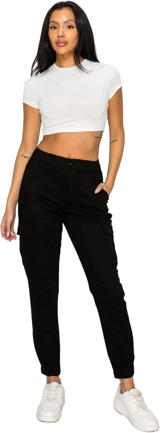 Double Denim January 5th Women's High Waist Cargo Jogger Pants Elastic Waistband Casual Tapered Sweatpants with 6 Pockets
